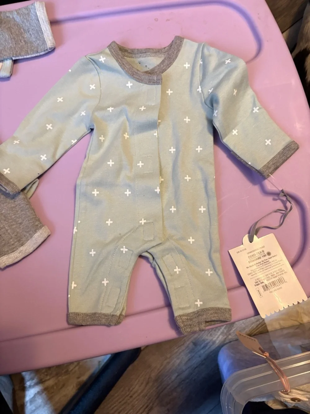 Soft Knit Baby One-Piece in Light Sage with Cross Print 4 pieces